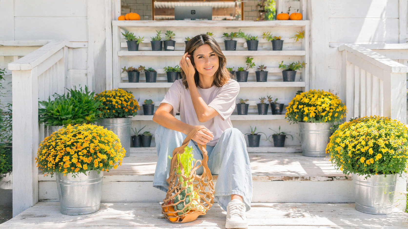 Lorena con bolsa de vegetales frescos